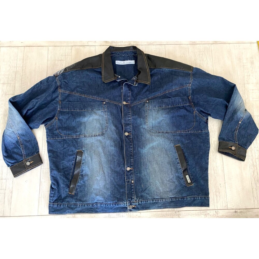Vtg PELLE PELLE Denim Shirt Jacket Men's 4XL Dark Wash Fade Button Leather Trim